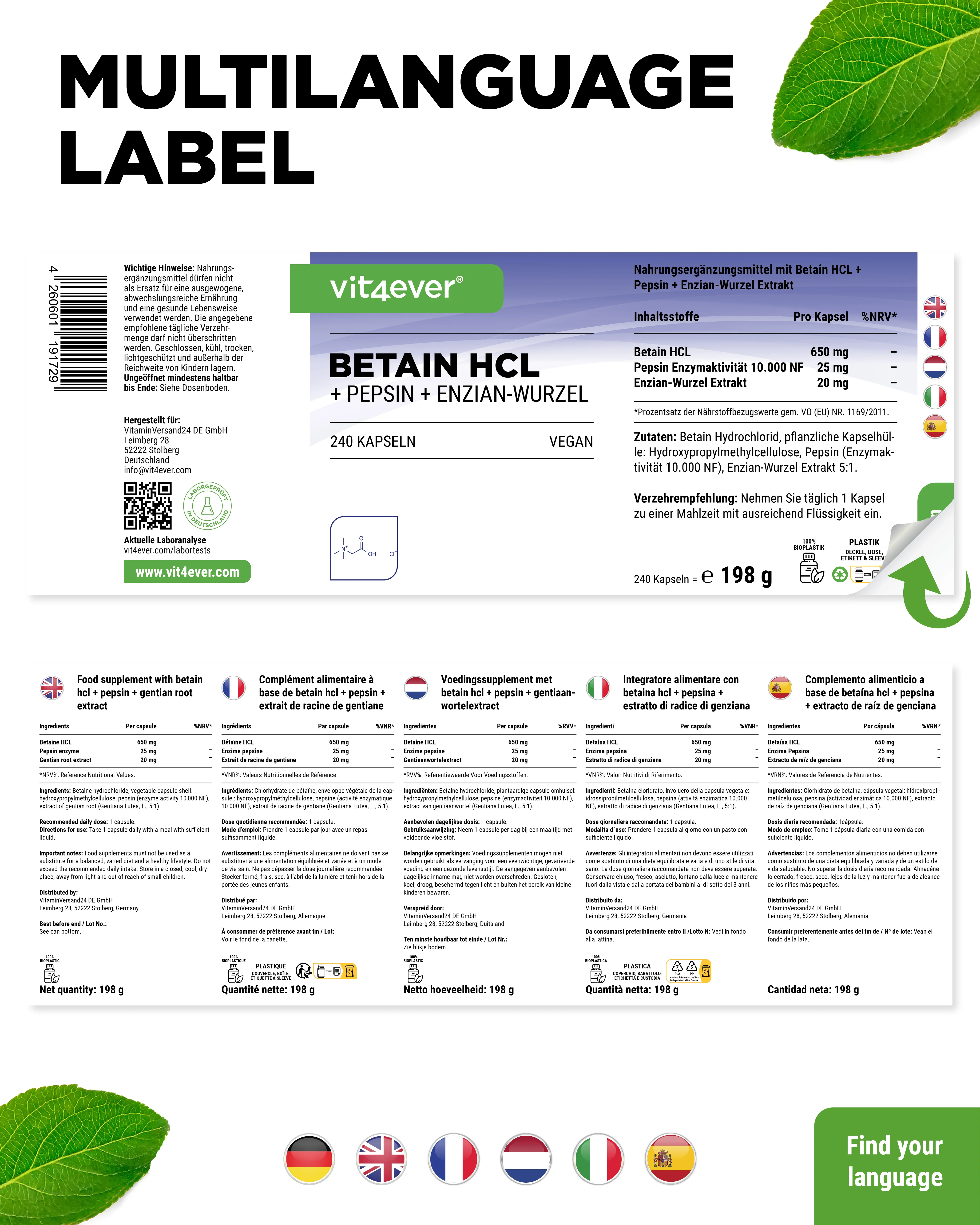 Betain HCL, 240 Kapseln á 695mg mit Pepsin + Enzian Extrakt - Image 6