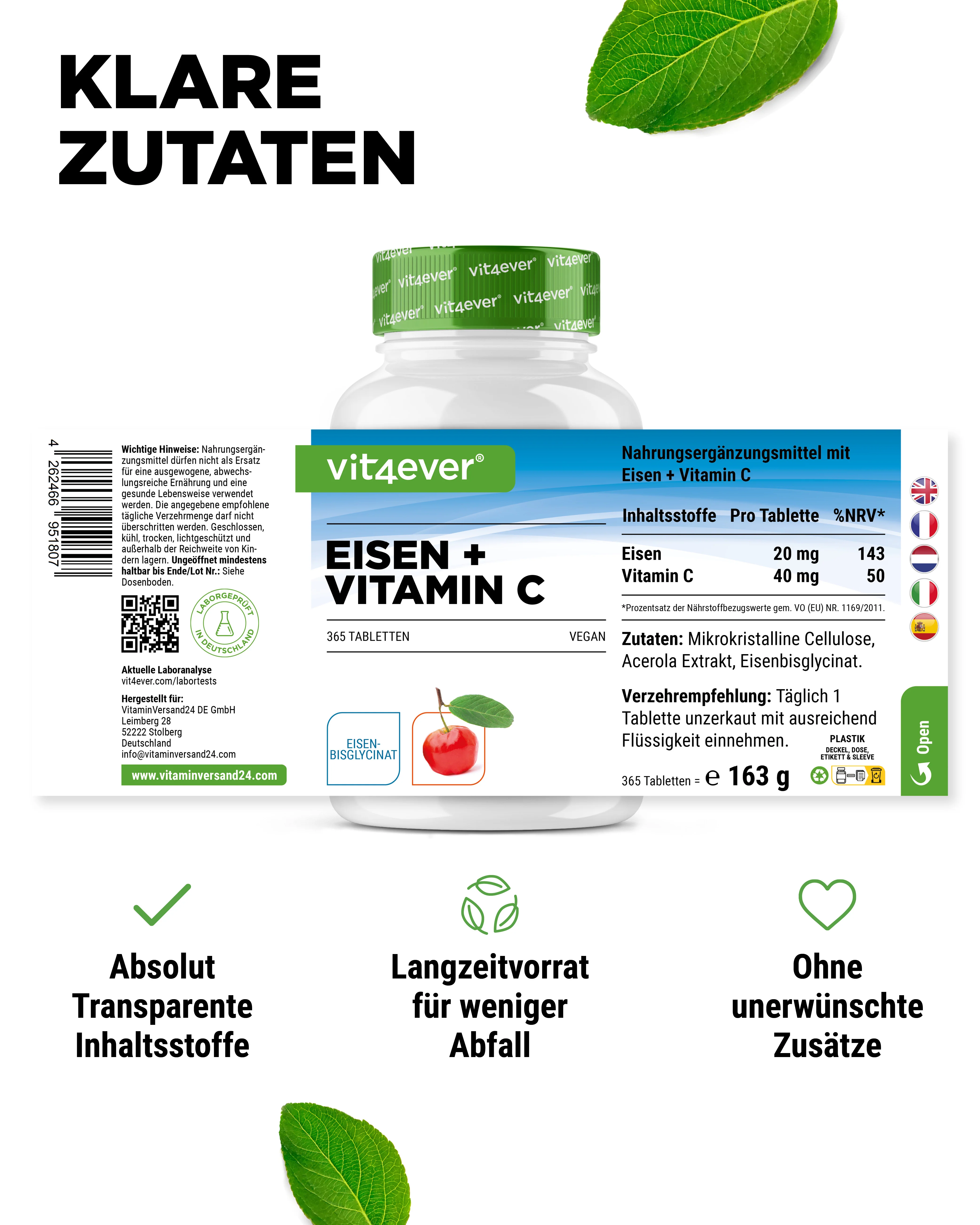 Eisen + Vitamin C - Eisenbisglycinat- 365 Tabletten - Image 5