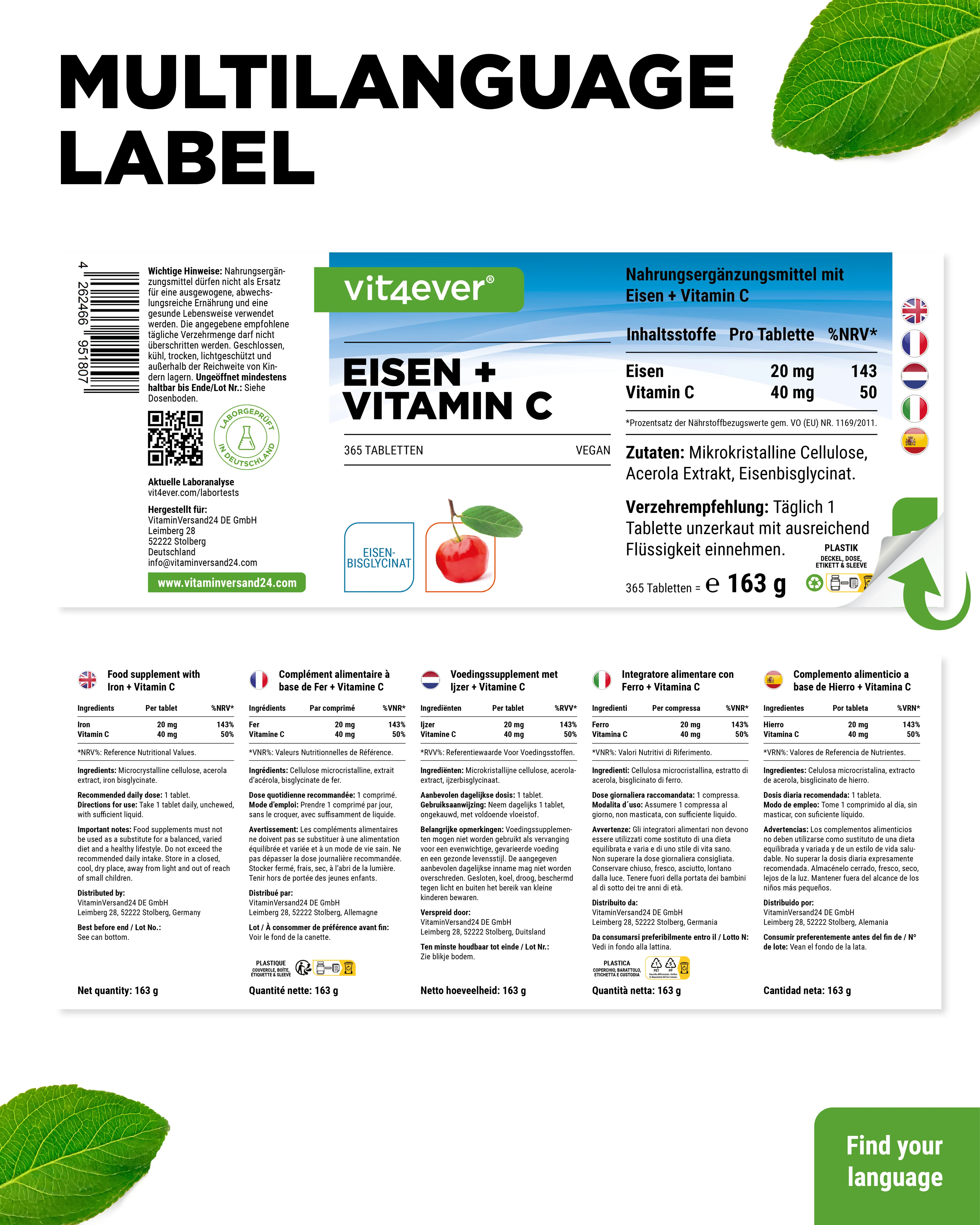 Eisen + Vitamin C - Eisenbisglycinat- 365 Tabletten - Image 6