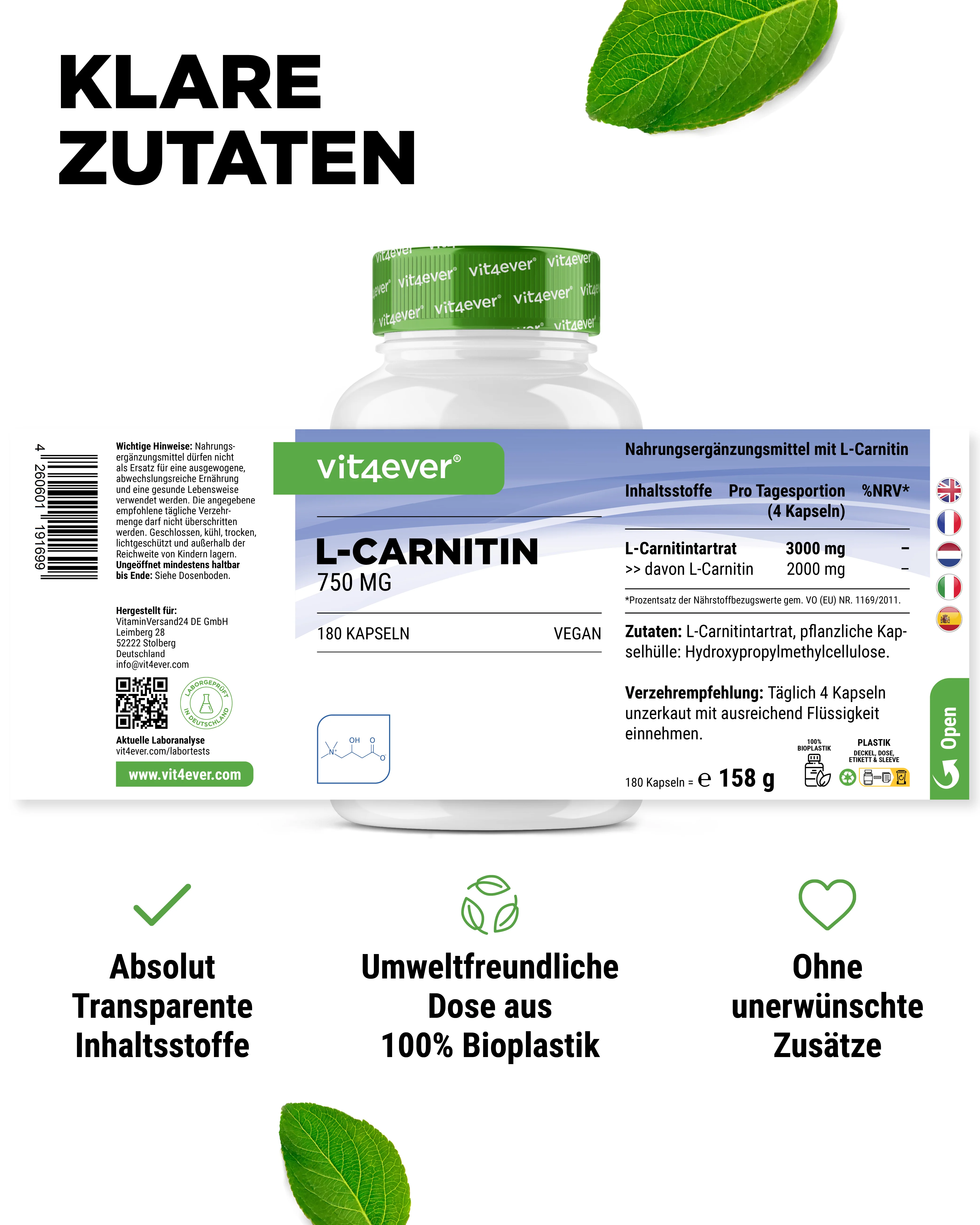 L-Carnitin - 180 vegane Kapseln, 100% L-Carnitin Tartrat ohne Zusätze - Image 5