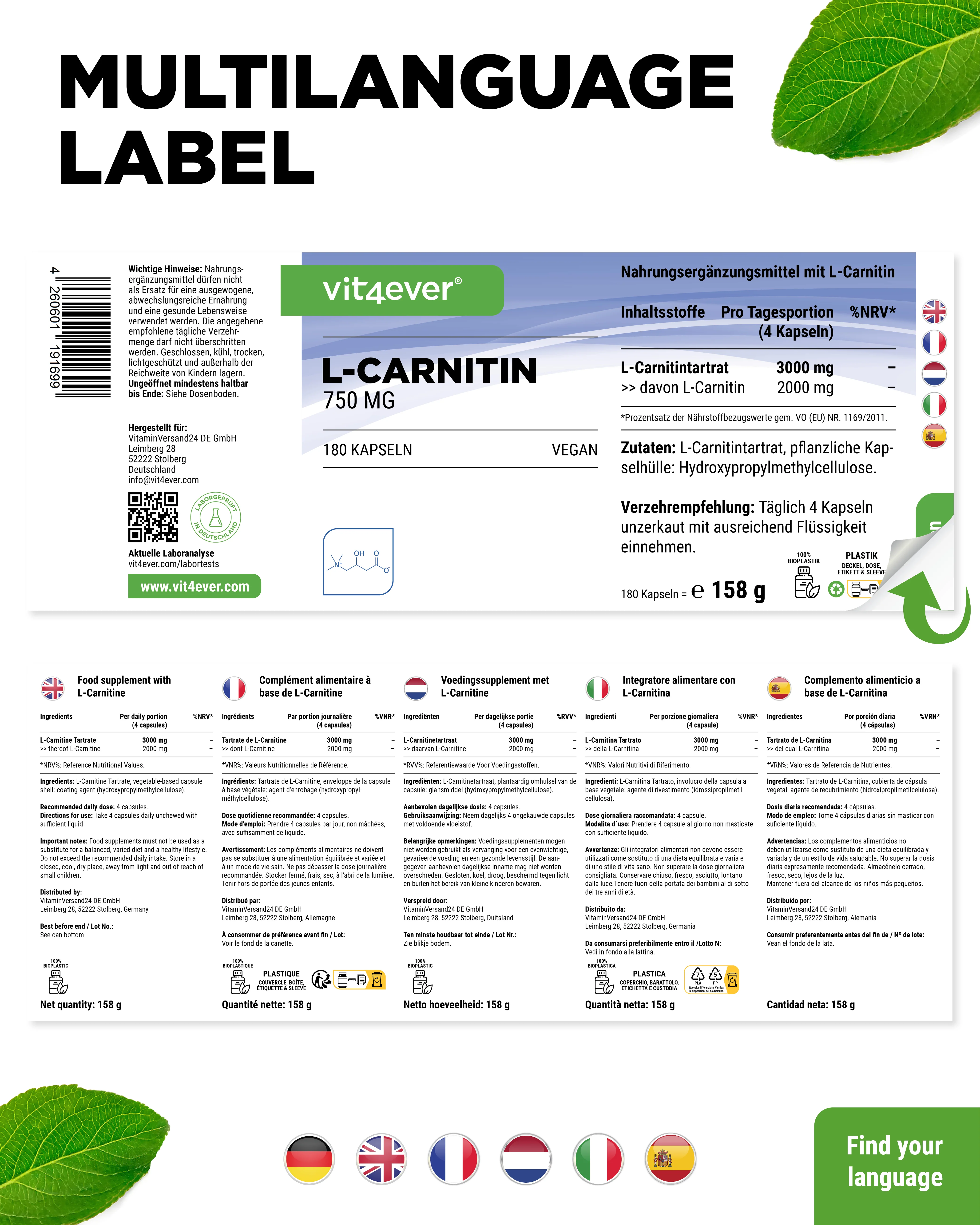 L-Carnitin - 180 vegane Kapseln, 100% L-Carnitin Tartrat ohne Zusätze - Image 6